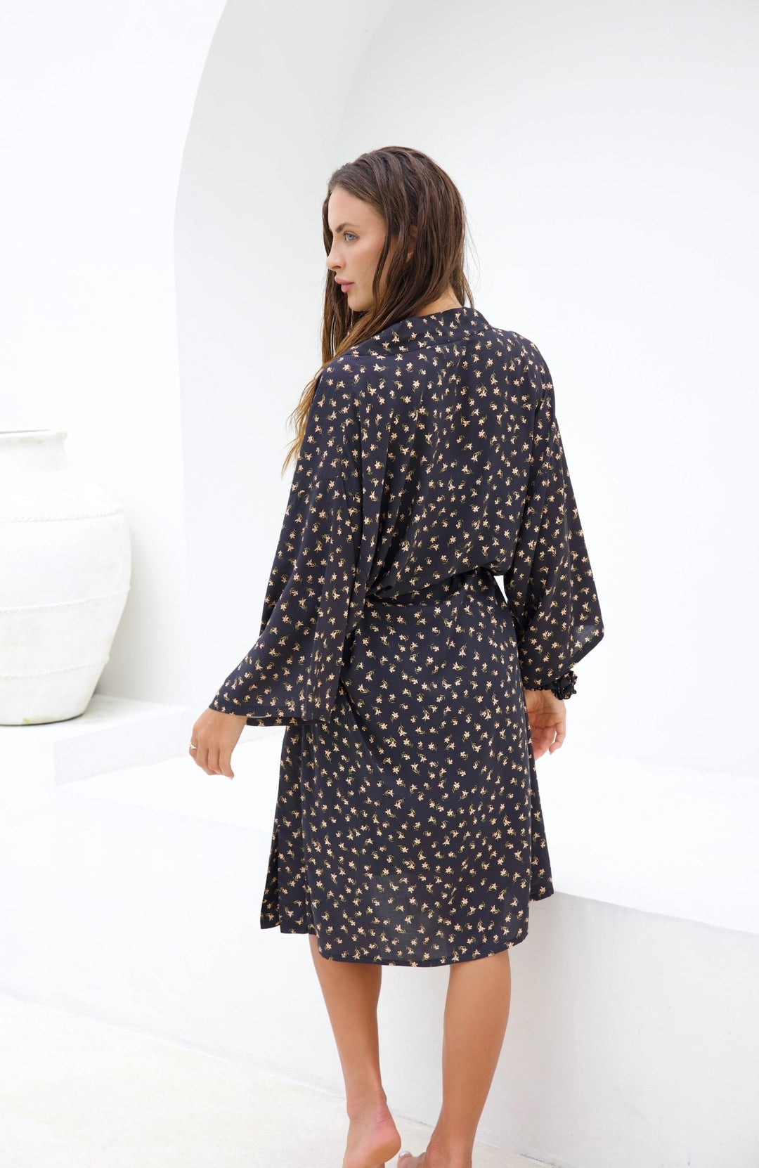 Women's Elegant Black Floral Kimono Robe - Back view